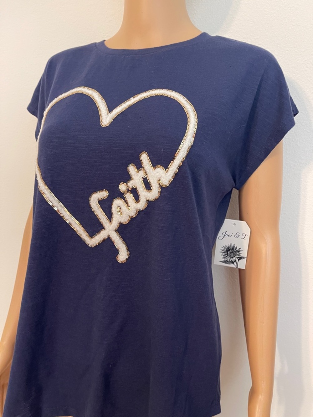 NWT Navy Tee Cap Sleeve Tee w/ Sparkly Faith